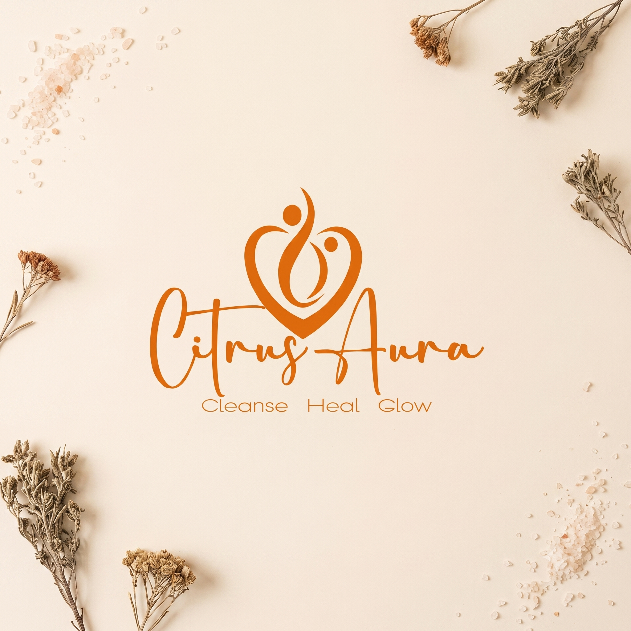 Citrus Aura salts, dried herbs and botanicals laid out on a cream surface